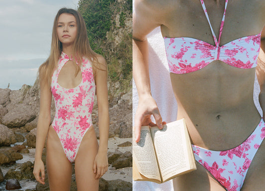 Zuri Rosie Floral High Neck One Piece Swimsuit With Center Cutout, Katarina Rosie Floral Halter Bikini Top, Marina Rosie Floral Bikini Bottom by Frankies Bikinis 