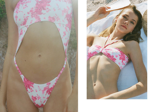 Colette Rosie Floral Strapless One Piece Swimsuit With Center Cutout, Katarina Rosie Floral Halter Bikini Top by Frankies Bikinis 