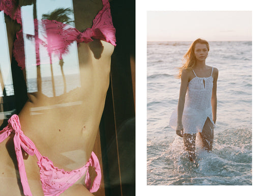 Colby Magenta Eyelet Tie Front Bikini Top, Colby Eyelet Magenta Bikini Bottom, Leoni Eyelet White Mini Dress by Frankies Bikinis 