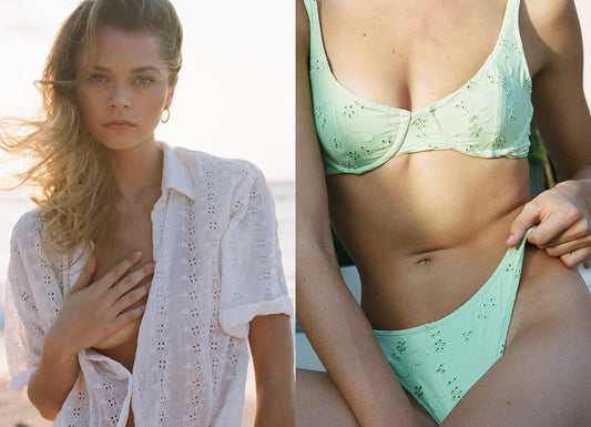 Fifi White Eyelet Button Up Shirt, Anna Eyelet Mint Underwire Bikini Top, Anna Eyelet Mint Bikini Bottom by Frankies Bikinis 