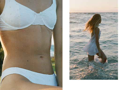 Anna White Eyelet Underwire Bikini Top, Anna White Eyelet Bikini Botton, Leoni White Eyelet Mini Dress by Frankies Bikinis 