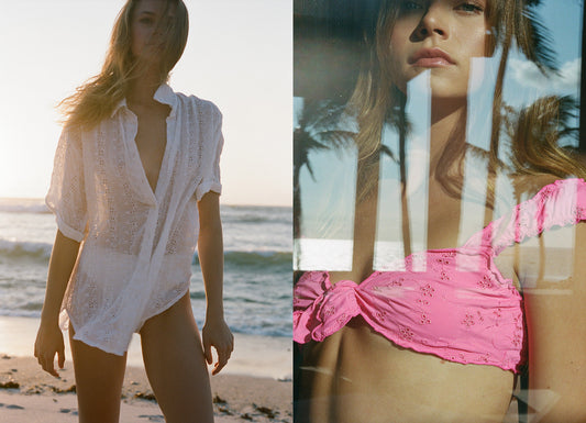 Fifi White Eyelet Button Up Shirt, Colby Magenta Eyelet Tie Front Bikini Top by Frankies Bikinis 