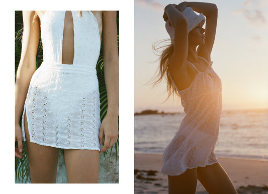 Roma White Eyelet One Piece Swimsuit, Mia Eyelet White Skirt, Leoni White Eyelet Mini Dress by Frankies Bikinis 