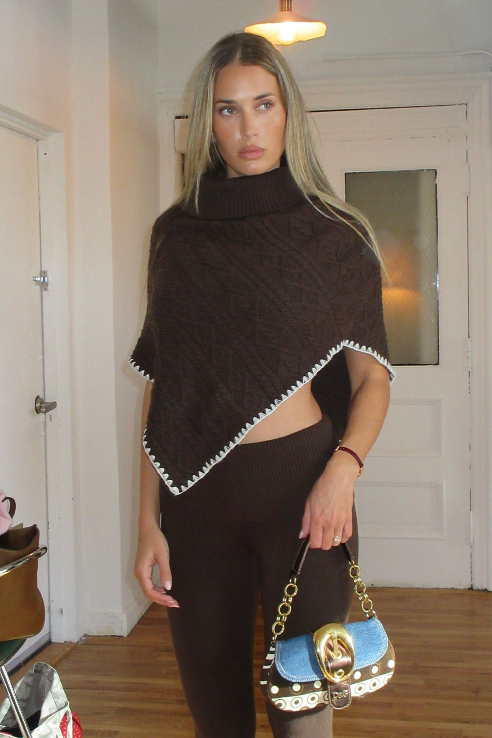 Windswept Cotton Knit Poncho  Chocolate Brown