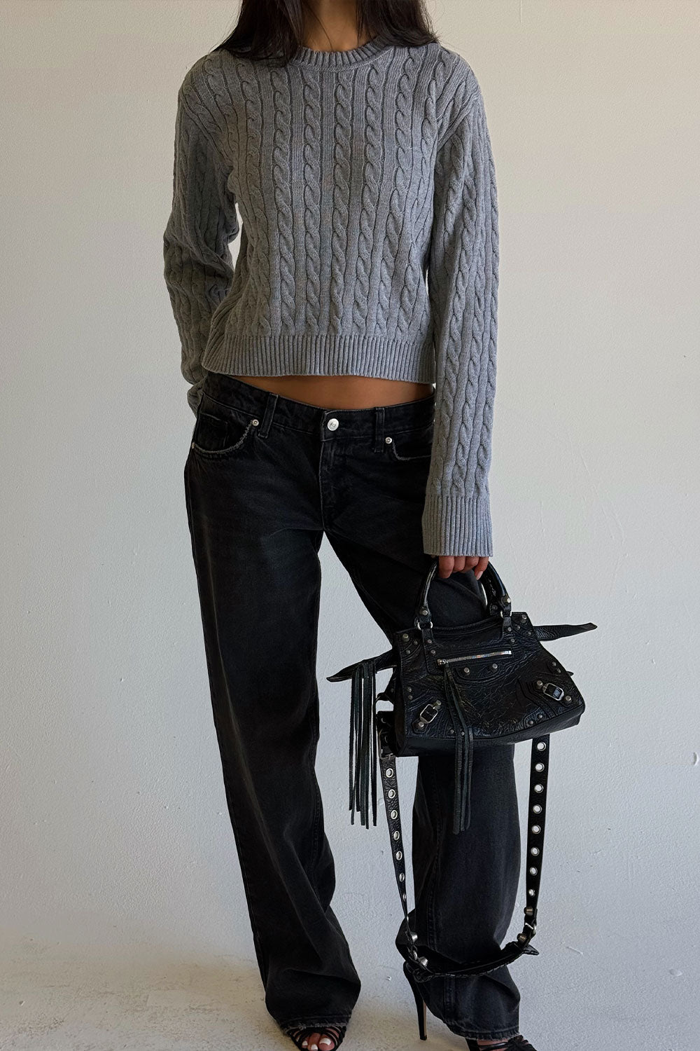 Varsity Cable Knit Sweater  Rain Cloud