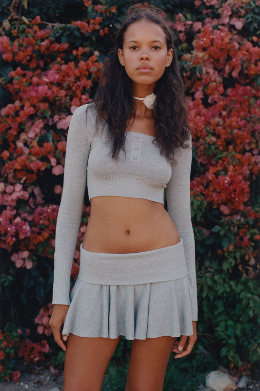 Claude Knit Mini Crop Top Heather Grey and Claude Knit Mini Skirt Heather Grey by Frankies Bikinis 