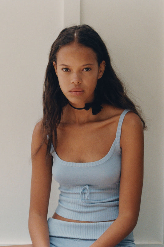 Estelle Knit Tank Cornflower and Estelle Knit Mini Short Cornflower by Frankies Bikinis 