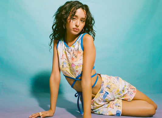 High Summer Drop 2 Athena Wrap Santorini Print Top and Fifi Santorini Print Shorts by Frankies Bikinis 