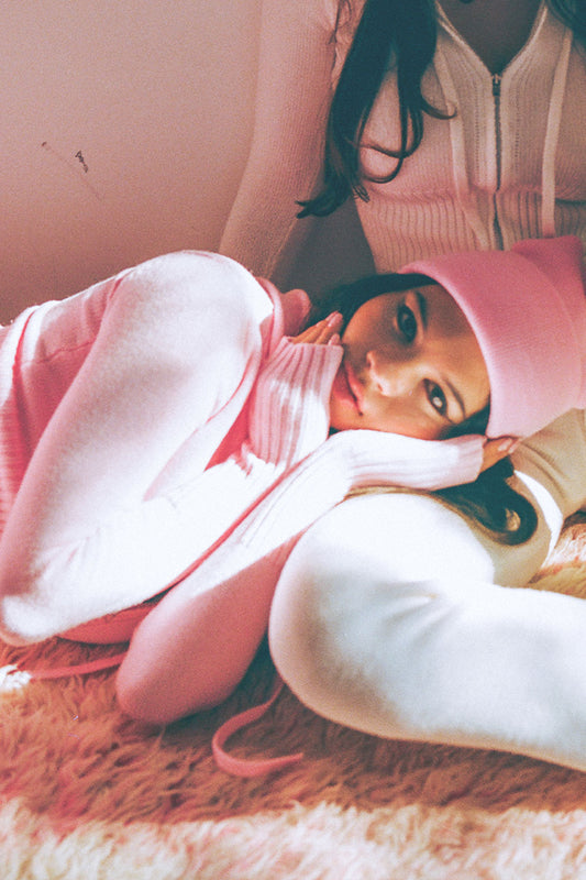 Aimee Zip Up Knit Hoodie Valentine Pink/Snow White and Fleur Knit Low Rise Pant Valentine Pink/Snow White by Frankies Bikinis 