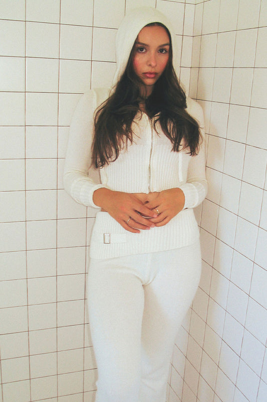 Aimee Zip Up Knit Hoodie Snow White and Fleur Knit Low Rise Pant Snow White by Frankies Bikinis 