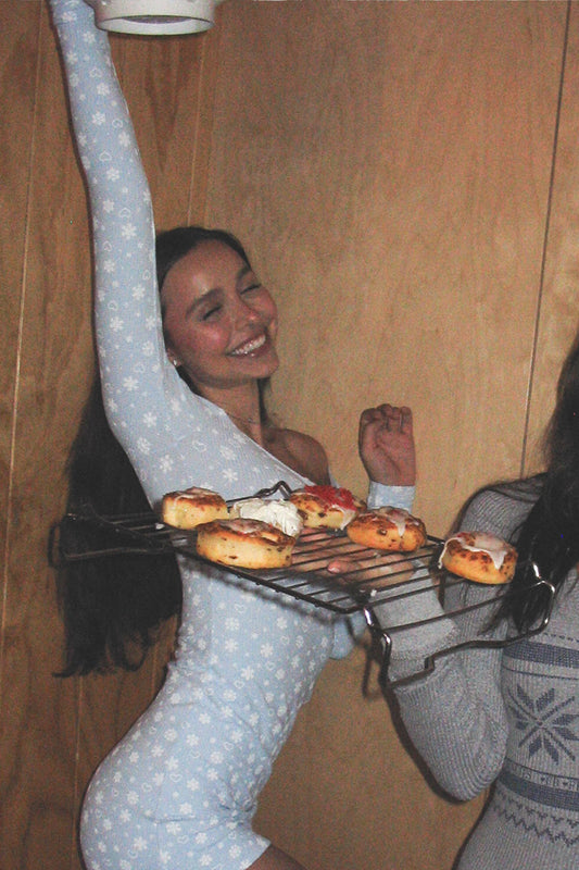 January Waffle Pajama Onesie Apres Ski and Lumi Waffle Mini Dress Flurries by Frankies Bikinis 