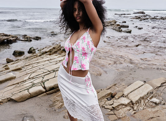 Penelope Floral Tankini Bikini Top Tiger Lily and Chamomile Satin Midi Skirt White by Frankies Bikinis 