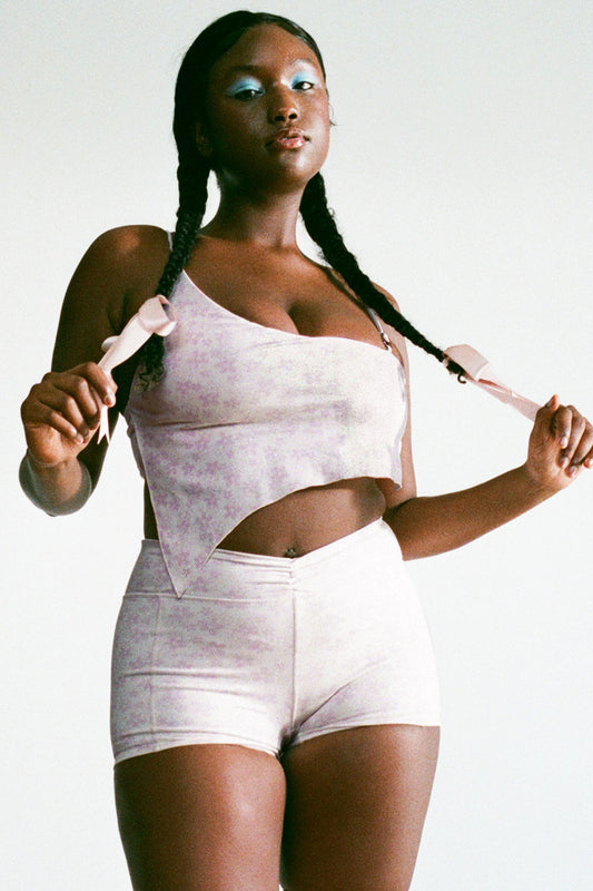 Pilates Princess Lydia Asymmetrical Floral Sports Bra Upsy Daisy and Rehearsal Mini Low Waist Short Upsy Daisy by Frankies Bikinis 