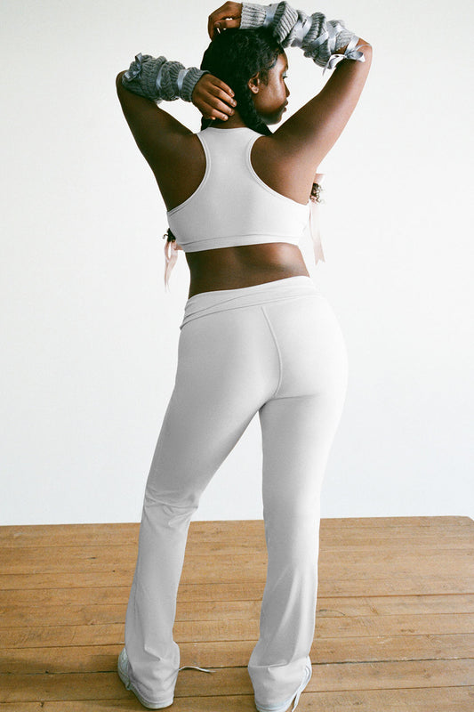 Pilates Princess Barre Racerback Sports Bra Icy Gray and Zippy High Waist Flare Legging Icy Gray by Frankies Bikinis 