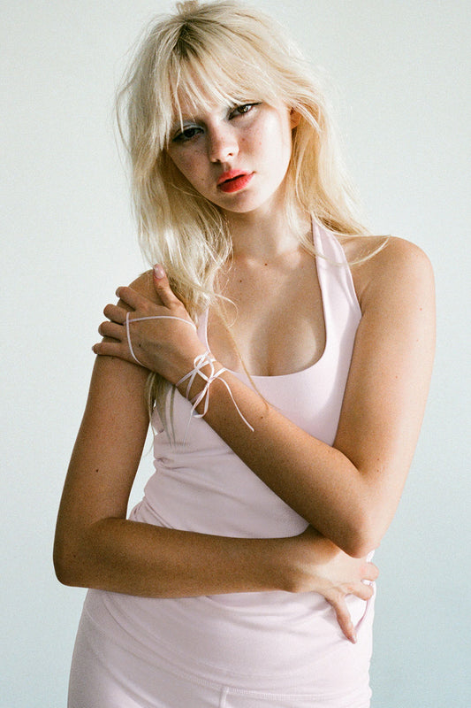 Pilates Princess Aurora Halter Tank Icy Pink and Warm Up Cutout High Waist Capri Pants Icy Pink by Frankies Bikinis 