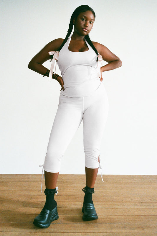 Pilates Princess Aurora Halter Tank Icy Gray and Warm Up Cutout High Waist Capri Pants Icy Gray by Frankies Bikinis 