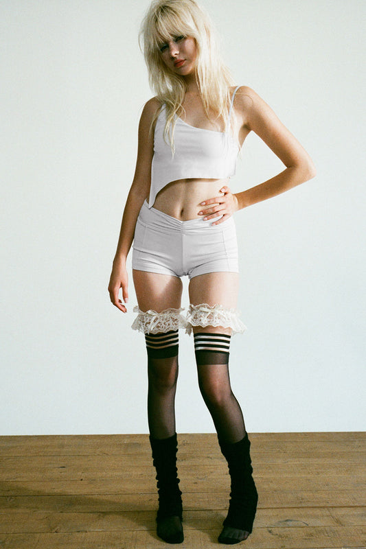 Pilates Princess Lydia Asymmetrical Floral Sports Bra Icy Gray and Rehearsal Mini Low Waist Short Icy Gray by Frankies Bikinis 