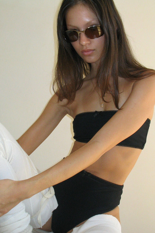 Jada Ribbed Bandeau Bikini Top Ebony and Jenna Ribbed High Waist Bikini Bottom Ebony by Frankies Bikinis 