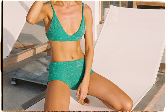 green sparkle bikini apres swim by Frankies Bikinis 