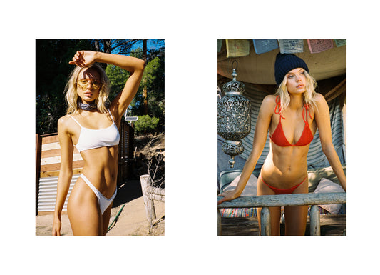 White Scoop Neck Bikini Top With Lace Trim, White Bikini Bottom With Lace Trim, Red Scrunched Triangle Bikini Top With Strap Ties, Red Scrunched Skimpy Bikini Bottom by Frankies Bikinis 