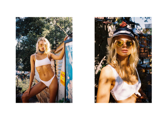 White Scoop Neck Bikini Top With Lace Trim, White Bikini Bottom With Lace Trim, White Front Knot Bikini Top With Lace Trim by Frankies Bikinis 