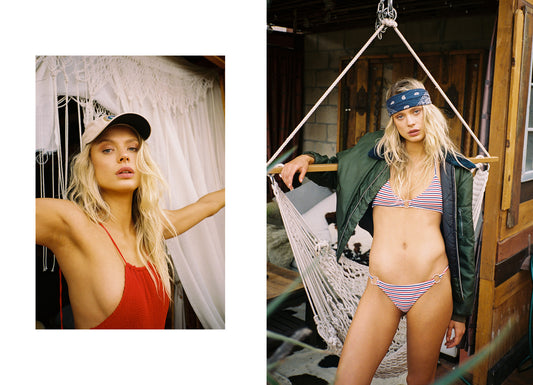 Red, White and Blue Stripe Halter Bikini Top With Center Hardware, Red, White and Blue Stripe Skimpy Bikini Bottom With Side Hardware by Frankies Bikinis 