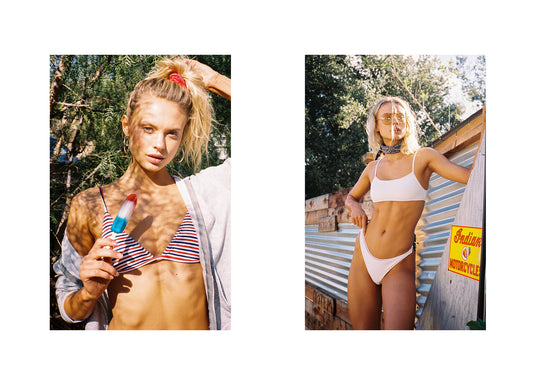 Red, White, and Blue Triangle Bikini Top, White Scoop Neck Bikini Top With Lace Trim, White Bikini Bottom With Lace Trim by Frankies Bikinis 