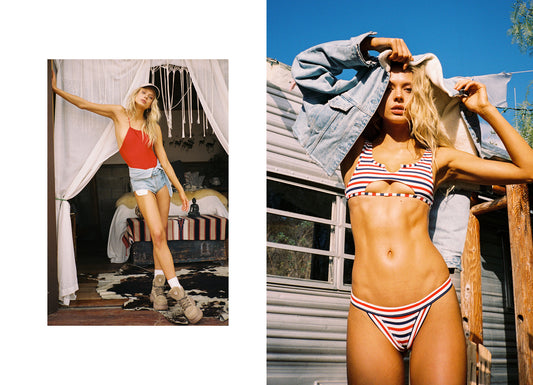 Red Halter One Piece Swimsuit, Red, White, and Blue Stripe Cole Top With Peek A Boo Cutout, Red, White, and Blue Stripe Cole Bottom by Frankies Bikinis 