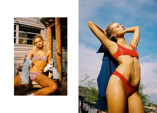 Red, White, and Blue Stripe Cole Top With Peek A Boo Cutout, Red, White, and Blue Stripe Cole Bottom, Red Scrunched Scoop Neck Bikini Top, Red Scrunched Bikini Bottom by Frankies Bikinis 