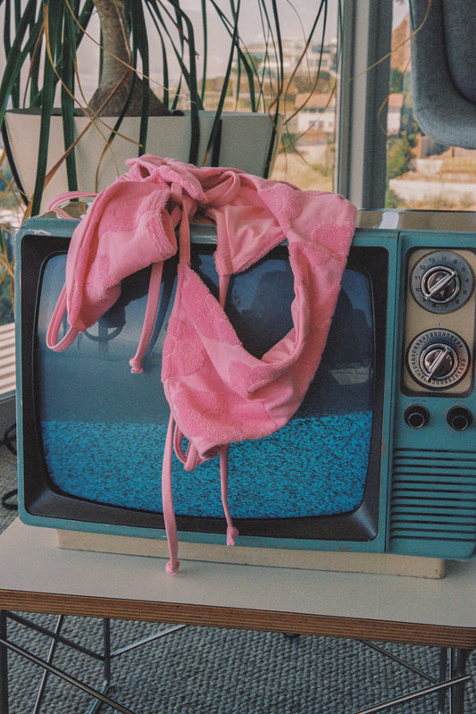 hailee steinfeld flowerchild pink floral terry bikini by Frankies Bikinis 