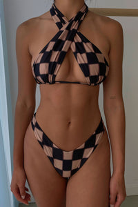 Bash Black Checker Satin Halter Wrap Bikini Top