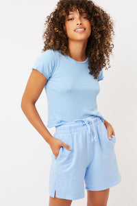 Baby Tee Chambray Ribbed High Neck Crop Top