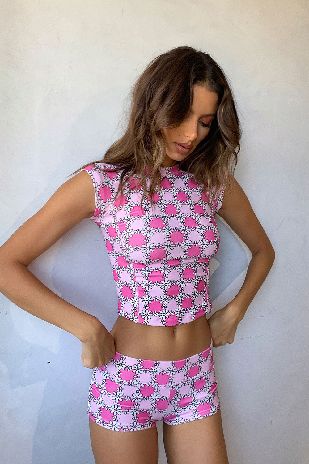 Blue Crush Terry Floral Crop Top - Pink Daisy