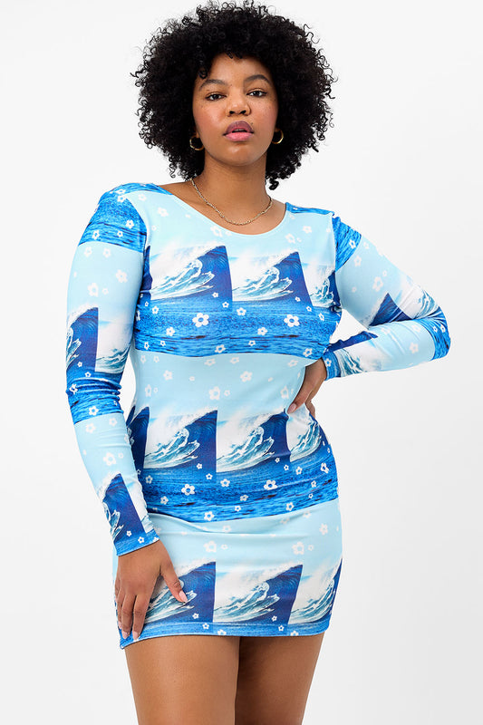 Product-Hover--boz long sleeve short dress blue tides wave print XL