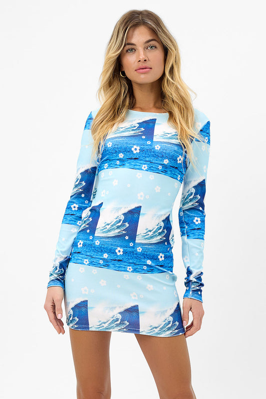 Product--boz long sleeve short dress blue tides wave print XL