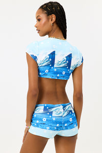 Bree Terry Crop Top with Key Hole Cutout Blue Tides