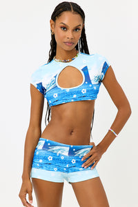 Bree Terry Crop Top with Key Hole Cutout Blue Tides