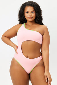 Cash Summer Melon Terry Cut Out One Shoulder One Piece Extended