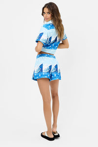 coco blue tides wave print terry button up top