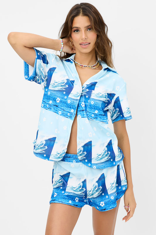 Product--coco blue tides wave print terry button up top