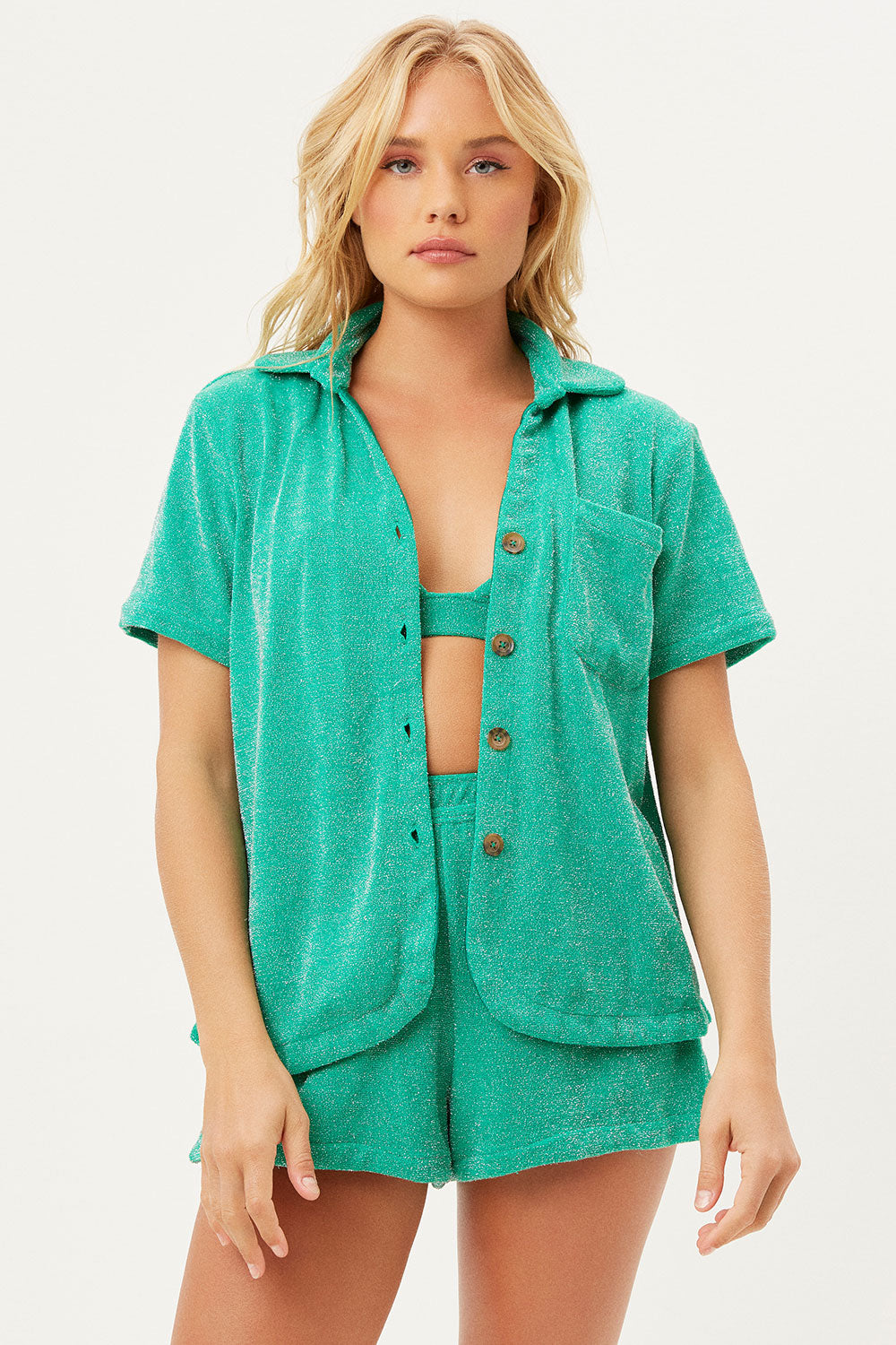 Coco Sparkle Terry Button Up Shirt - Mistletoe Green