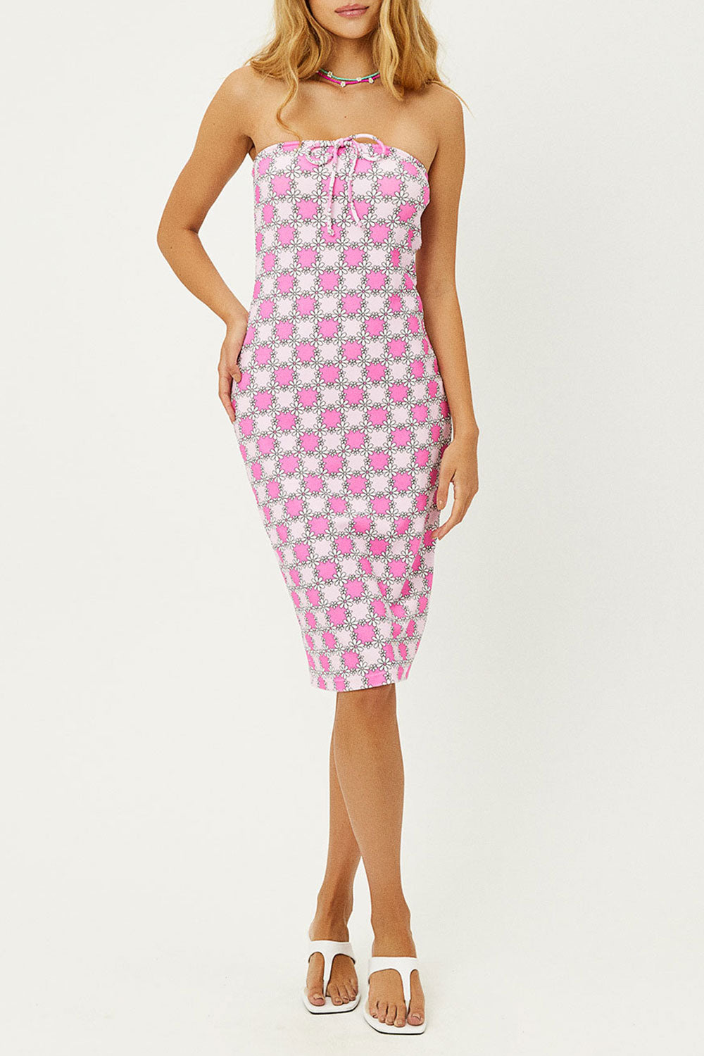 pink daisy dress womens Pink Daisy Silk Halter Dress with Tie Neck Detail