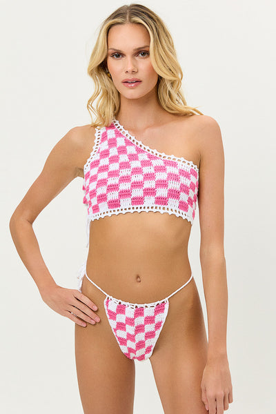 Tia Crochet Triangle Bikini Top - Pink Checker