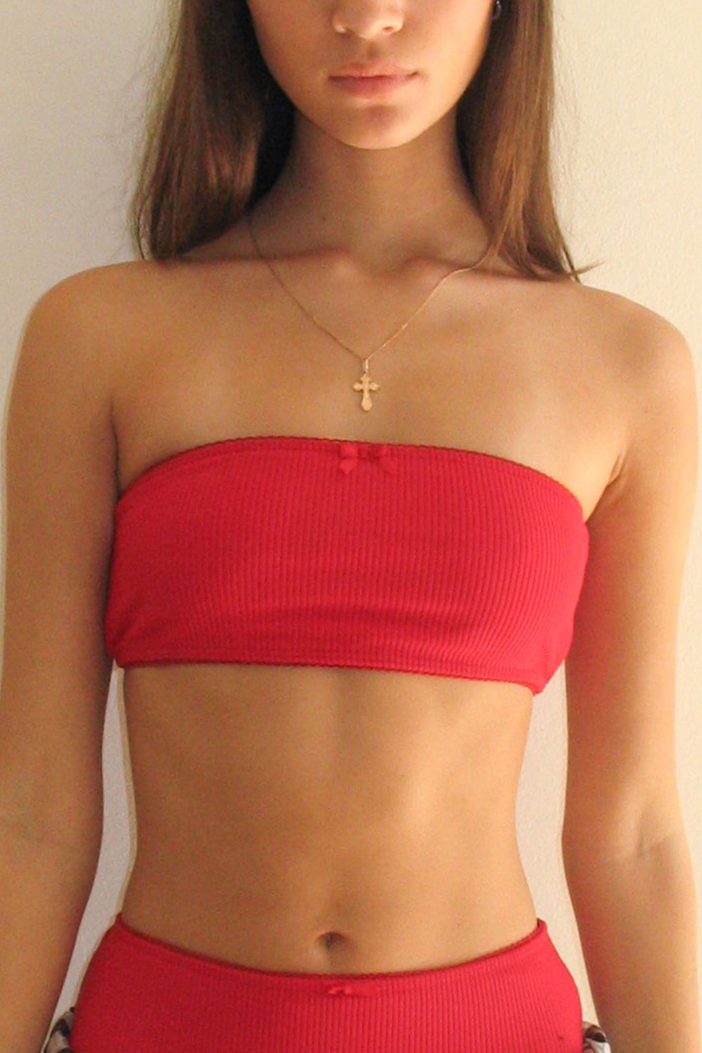 Jada Ribbed Bandeau Bikini Top - Crimson