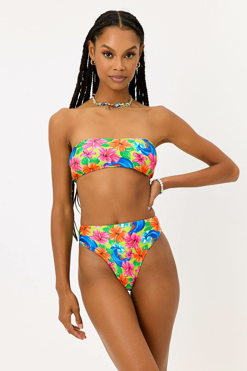 Jean Floral Bandeau Bikini Top - Neon Surfer