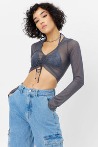 Slide View: 5: Out From Under Cinched Up Mesh Long Sleeve Cropped Top