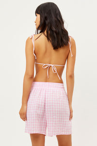 Lou Linen Pink Picnic Gingham Print High Waist Shorts