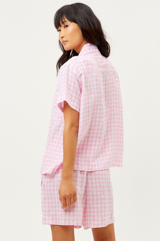 Product-Hover--Lou Linen Pink Picnic Gingham Print Button Up Shirt