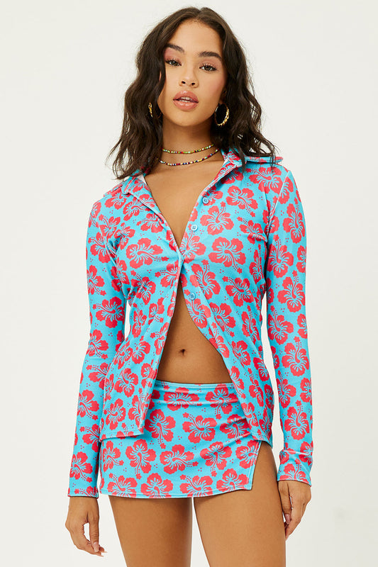 Product--Nova Blue Magic Terry Floral Long Sleeve Button Up