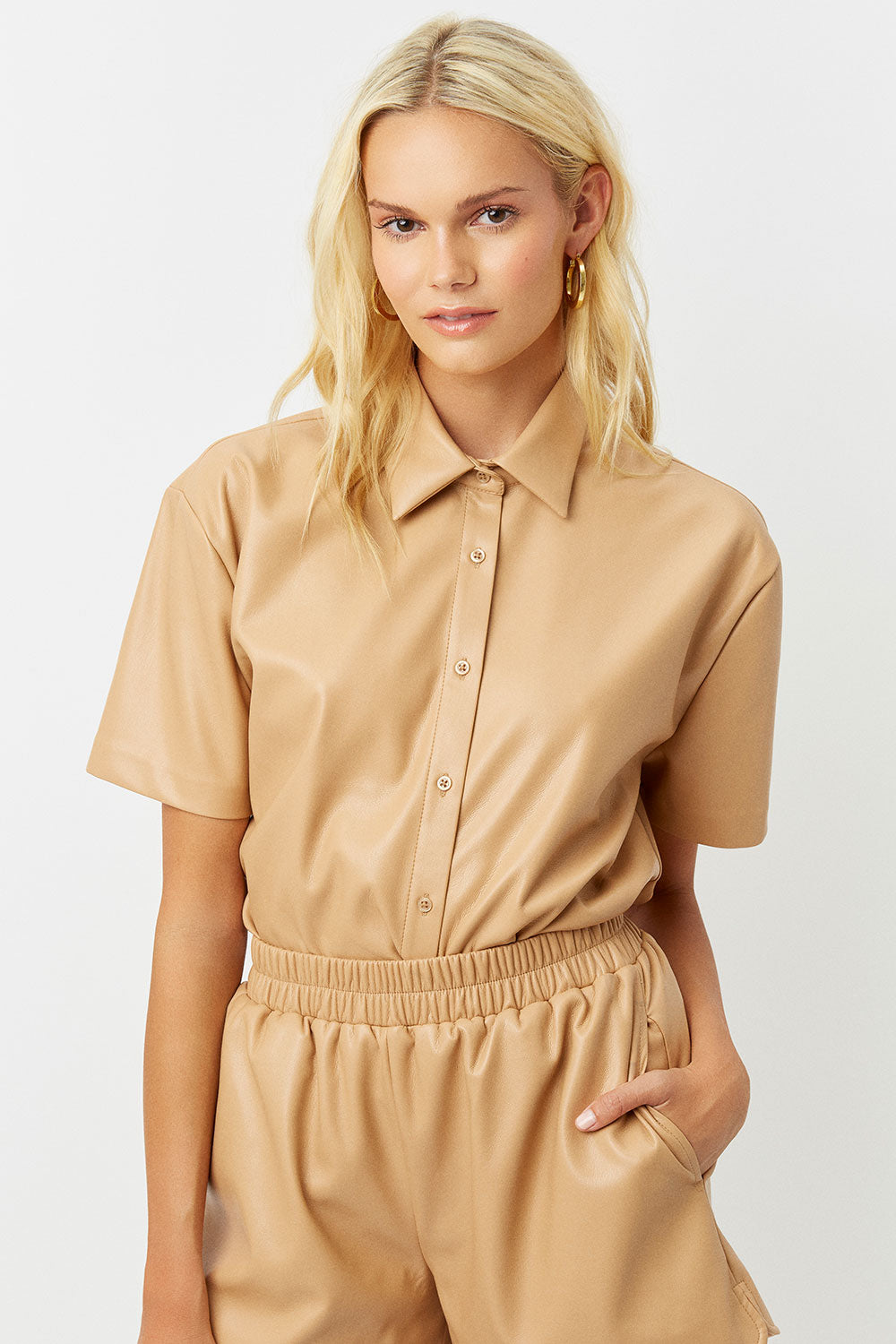 Rusty Vegan Leather Button Up Shirt - Earth